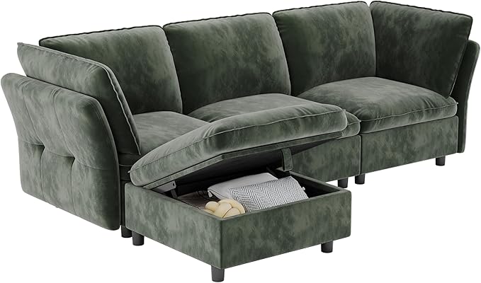 97" Modular L-Shaped Sectional Cloud Couch with Storage Ottoman - Velvet Deep Seating Sofa Set with Pillows, Convertible 3-Seater for Living Room, Apartment, Office (Olive Green)