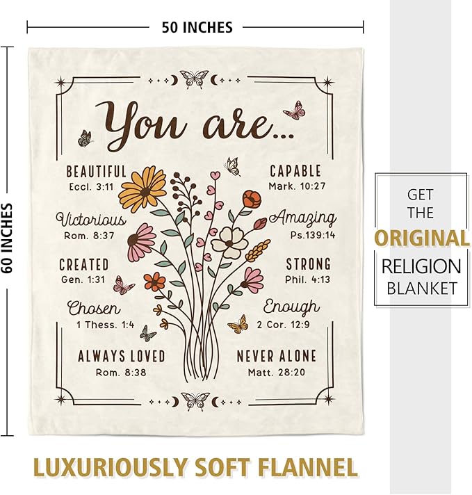 Christian Gifts for Women, Christian Floral Throw Blanket, Birthday Religious Gifts for Women Friendship, Inspirational Scripture Faith Gift for Friend, Sister, Mom, Daughter (50'' x 60'', Beige)