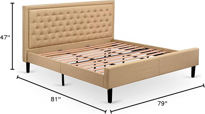 East West Furniture KDF-16-K Platform King Size Bed - Dark Khaki Linen Fabric Upholstered Bed Headboard with Button Tufted Trim Design - Black Legs