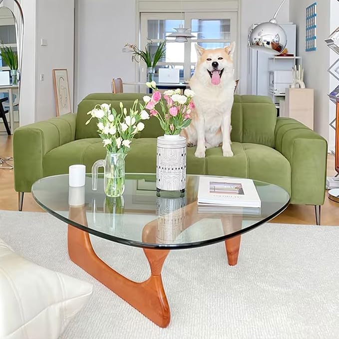 Modern Glass Coffee Table - Large Unique Wooden Center Table with Triangle Design, Rustic Vintage for Small Spaces - Walnut Brown