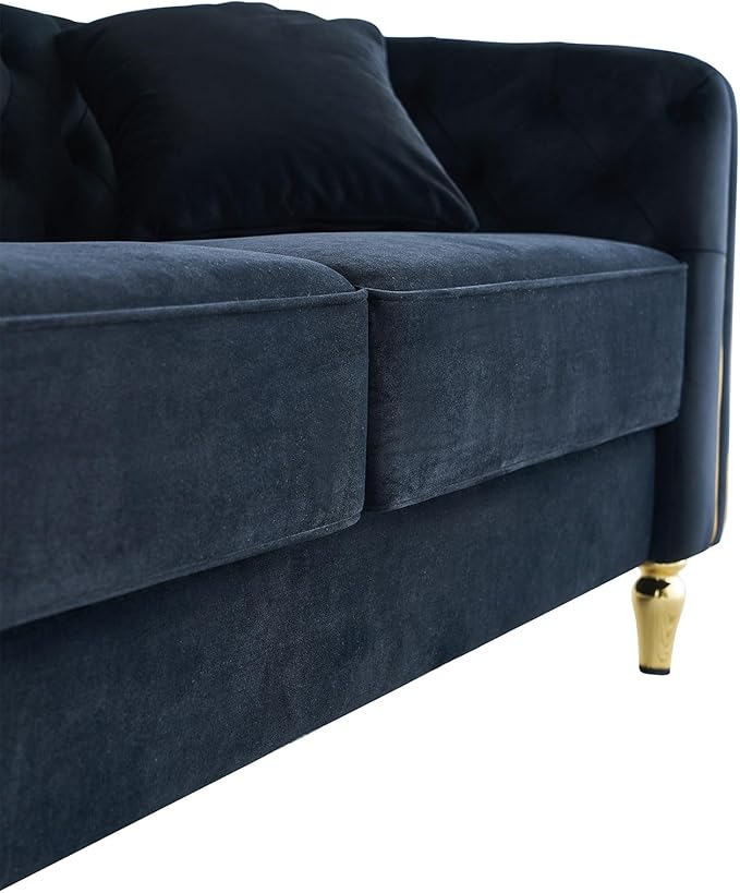 KEIKI 87" Chesterfield Velvet Button Tufted Sofa with High Density Foam Cushions, Modern Style 3-Seater Couch with Gold Strip Trim Decoration, Easy Assembly, for Apartment, Living Room, Office, Black