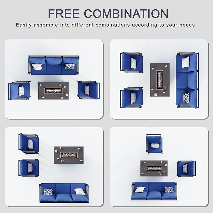 4 Pieces Modern Patio Furniture Set, All Weather Metal Outdoor Conversation Sets with Fire Pit Table for Backyard Garden Deck Porch Poolside, Blue