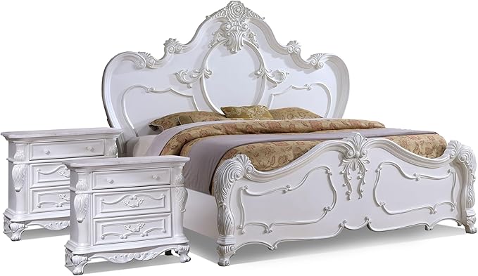 Furniture of America Eugene Traditional Solid Wood 3-Piece Bedroom Collection with Bed Frame and 3-Drawer Nightstands Set of 2, Box Spring Required, White, Queen