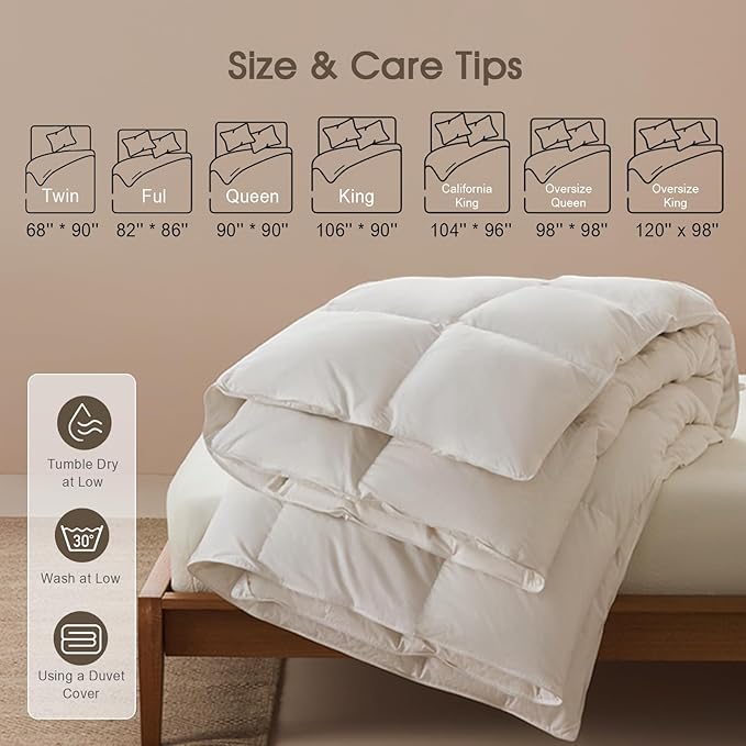 Cobnom® Feather and Down Fibres Comforter Full Size - 100% Organic Cotton, Quill-Free & Ethical, Luxury All Season Duvet Insert (White, 82x86 Inches)
