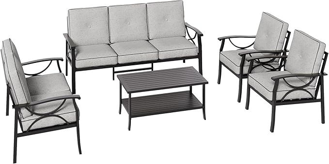 RoyalCraft Outdoor Patio Furniture Set, 5 Piece Patio Conversation Set with Coffee Table, Metal Furniture Set for Porch Backyard Garden, Black