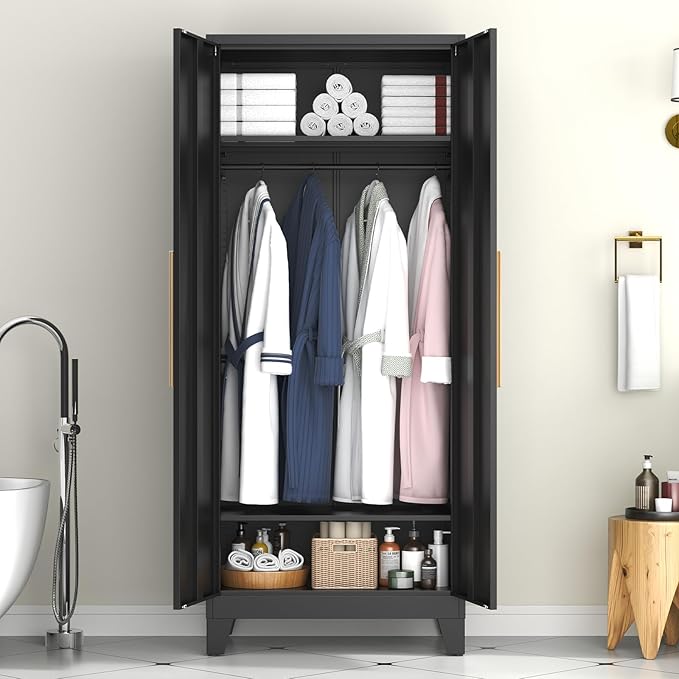75.3" Tall Metal Armoire Wardrobe Closet with 2 Doors, Adjustable Hanging Rod & 2 Adjustable Shelves, Freestanding Storage Cabinet Organizer for Bedroom, Office, Laundry Room, Black