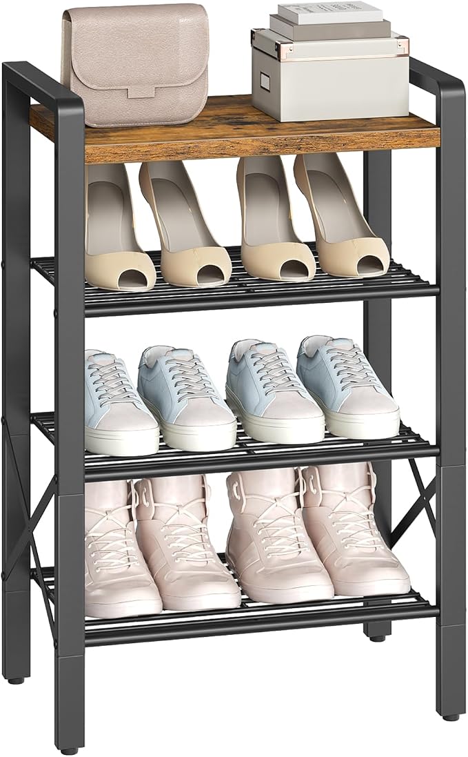 YATINEY 4-Tier Narrow Shoe Rack, Tall Shoe Rack for 4-8 Pairs, Slim Shoe Storage Organizer with Wooden Top, Space Saving, Metal Frame, for Entryway, Rustic Brown and Black SS64BR - Image 9