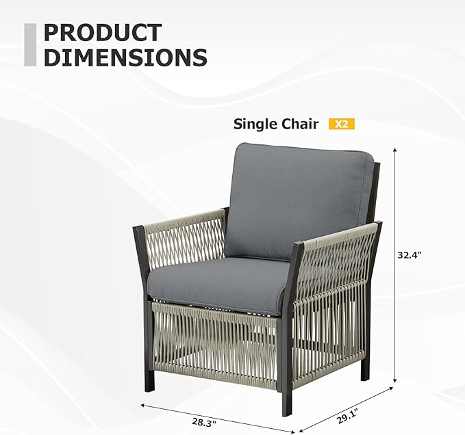 Outdoor Patio Chairs Set of 2, Handmade Rattan Wicker Chairs, PE Patio Furniture Set with Chic Minimalist Style for Garden, Porch, Backyard(Grey)