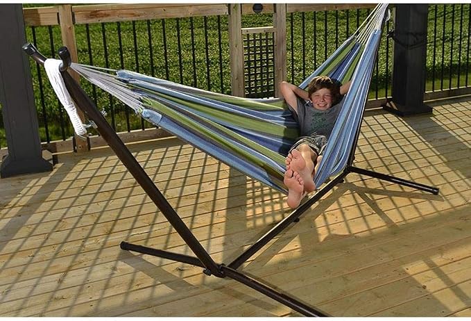 Vivere Double Cotton Combo Outdoor Backyard Patio Hammock with Stand, Cayo Reef - Image 2