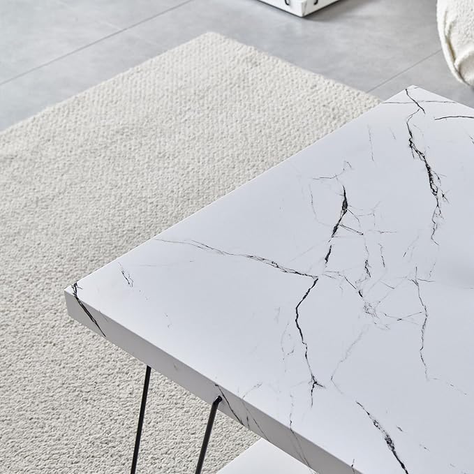 Btrpily Wooden Coffee Table - Modern Marble Coffee Table, Contemporary, Stylish, High-End Furnishing for Your Living Room (White Marble, Rectangle)