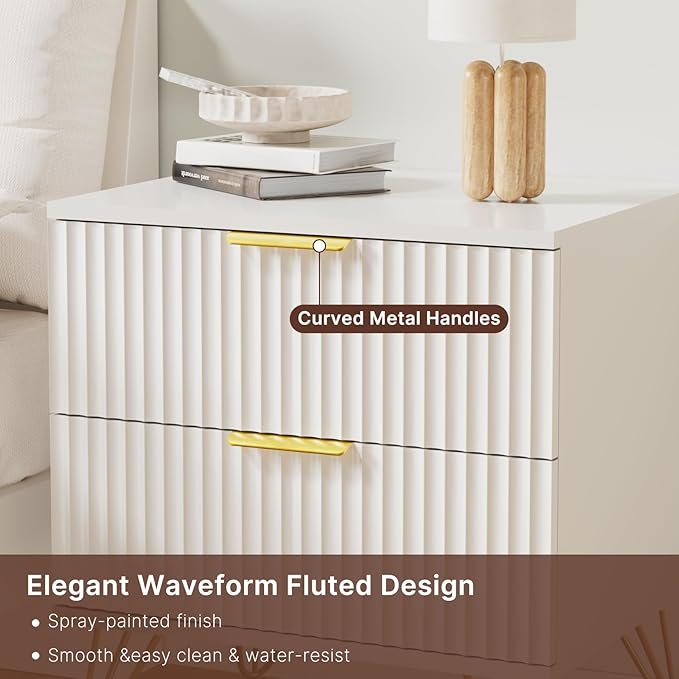Dresser and Nightstand Sets, 6 Drawer Dresser Set for Bedroom 3 Piece, 55” Wide Wooden Fluted White Dressers W/Metal Handle & Night Stand Set of 2, Modern Bedroom Furniture Sets, White