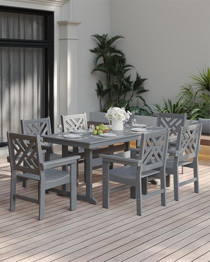 7-Piece Outdoor Dining Set, HDPE All-Weather Patio Table and Chairs Set for 6, Outdoor Patio Furniture Sets with Umbrella Hole for Outside, Deck, Backyard, Garden (Grey) - Image 9