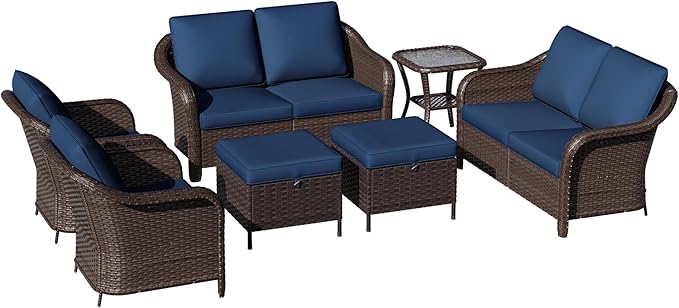 7 Piece Patio Wicker Conversation Set, 2 All-Weather Use Outdoor Wicker Loveseat with 2 PE Rattan Ottomans,2 Chair, 1 Side Table, Ideal for Porch, Backyard, Balcony, Poolside, Blue