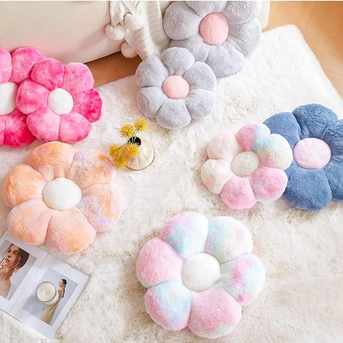 Kcvvcr Flower Pillow Cute Decorative Throw Pillow with Faux Rabbit Fur Soft Daisy Plush Floor Cushion Aesthetic Flower Shaped Pillow Home Decor for Bed Sofa Couch (Dusty Blue, 14.9 Inch)