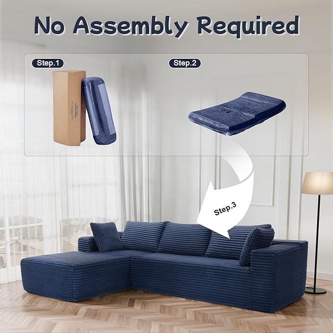 Cloud Sectional Couch, 105” Fluffy Modular L-Shape Sofa with Right Chaise Lounge, Modular Sectional Sofa in a Box, Boneless Couch for Living Room, No Assembly Required, Flannel Blue