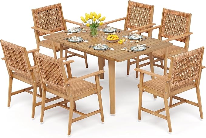 PHI VILLA 7 Pieces Acacia Wood Outdoor Dining Set for 6, Teak Large Wooden Table & Chairs with Wicker Seat and Back, Farmhouse Dining Furniture Set for Patio, Deck, Yard, Porch - Image 9