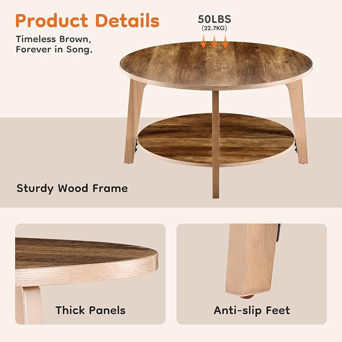 OLIXIS Round Coffee Table, 31.5'' Wood Coffee Tables for Living Room with Storage, 2-Tier Center Circle Counter with Wooded Desktop, 50 lbs Capacity, Anti-Slip Feet, Modern Farmhouse Design, Brown