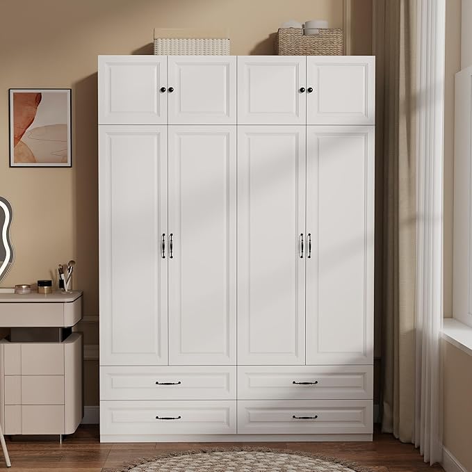 White Armoire Wardrobe Closet: 88" Extra Tall Wardrobe Cabinet with 4 Drawers, Large Wood Armoire Closet with 4 Doors, Modern Bedroom Armoires with Top Cabinet