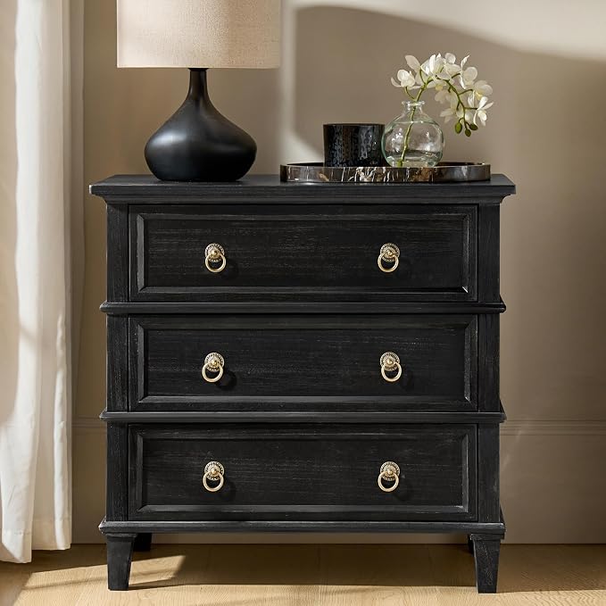 HULALA HOME Farmhouse End Table with 3 Drawers, Paulownia Solid Wood Side Table with Vintage Knobs, Ancient End Table with Charging Station, Easy Assembly, Charcoal - Image 7