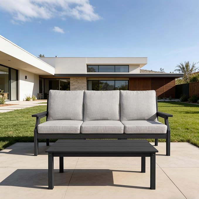 HDPE Patio Conversation Set, 4-Piece All Weather Outdoor Furniture Set with 3-Seater Modular Sofa for Deck, Lawn, with Cushion, Black