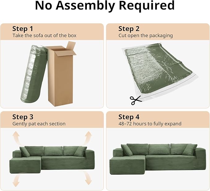 LUCKLIFE Modular Sectional Couch with L-Shape Chaise,Corduroy Upholstery Boneless Couches for Living Room,Oversized Sleeper Sofa,No Assembly Required (Green, L Shape with Left Facing Chaise)