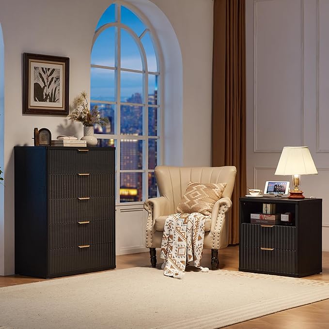 LEYAOYAO 42" Tall Fluted Dresser and 2 Drawers 23" Nightstand Set of 2, Wooden Dresser & Night Stand with Charging Station, 3 Piece Bedroom Furniture Set, Wood Chest of Drawer for Living Room,Black