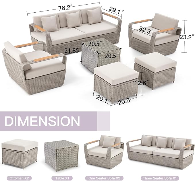 HOMREST 6 Pieces Patio Furniture Set, Outdoor Sectional Conversation Rattan Sofa Set with Ottoman and Outdoor Side Coffee Table for Garden, Porch, Backyard (Light Gray)