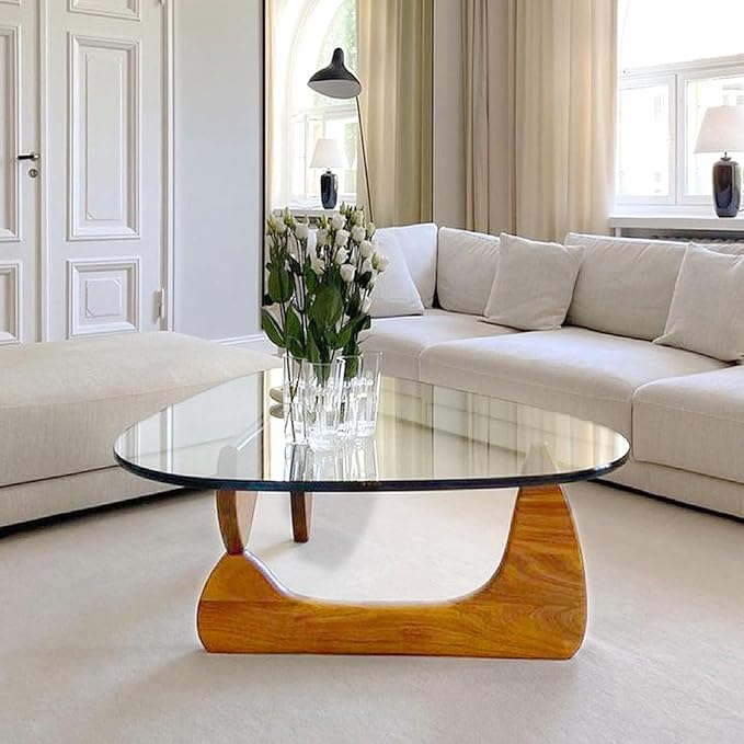 Glass Coffee Table for Living Room, Triangle Coffee Table with Tempered Glass Top & Wood Legs, Mid Century Coffee Tables, Brown Walnut Center Tables for Bedroom Reception Office