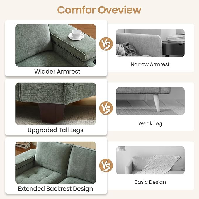 74" Loveseat Couch for Living Room, Modern Chenille Upholstered Sofa with Adjustable Armrest,Storage,Cup Holders,USB & Type-C Ports,Solid Wood 2-Seater Loveseat Sofa for Apartment(Green)