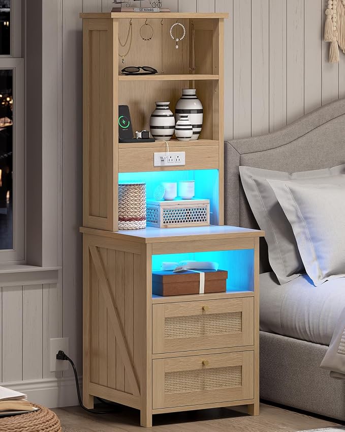 Farmhouse Tall Nightstand with Charging Station and 2 Drawers,Led Rattan Night Stand with Bookshelf,Bedside End Side Table with 6 Hooks and Storage Shelves for Bedroom,Wood - Image 9