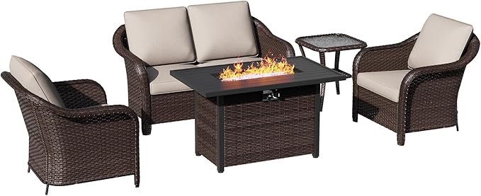 5 Piece Patio Wicker Conversation Set, All-Weather Use Outdoor Wicker Loveseat with 2 PE Rattan Ottomans,2 Chair, 1 Side Table, Ideal for Porch, Backyard, Balcony, Poolside, Beige