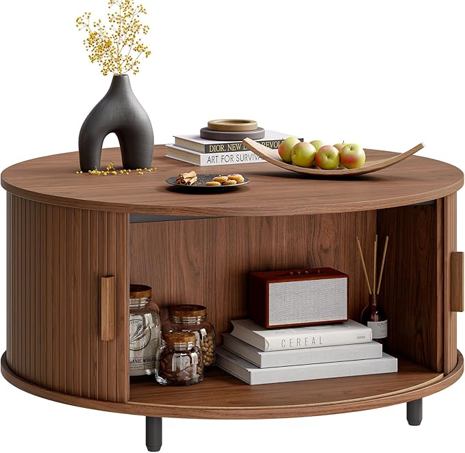 31.5 Inch Round Coffee Table, Mid-Century Modern Coffee Table wtih Storage, Fluted Coffee Table with Adjustable Footpads, 360° Rotating Sliding Door, Center Table for Living Room (Walnut)