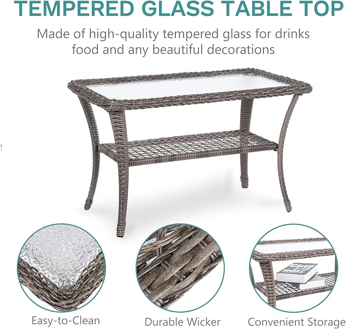 MEETWARM 7 Pieces Outdoor Patio Rattan Furniture Sets, All Weather Patio Wicker Conversation Set- 2 Rocking Glider, 2 Swivel Chairs, 1 Loveseat Glider w/Cushions, 2 Glass-Top Coffee Table, Gray