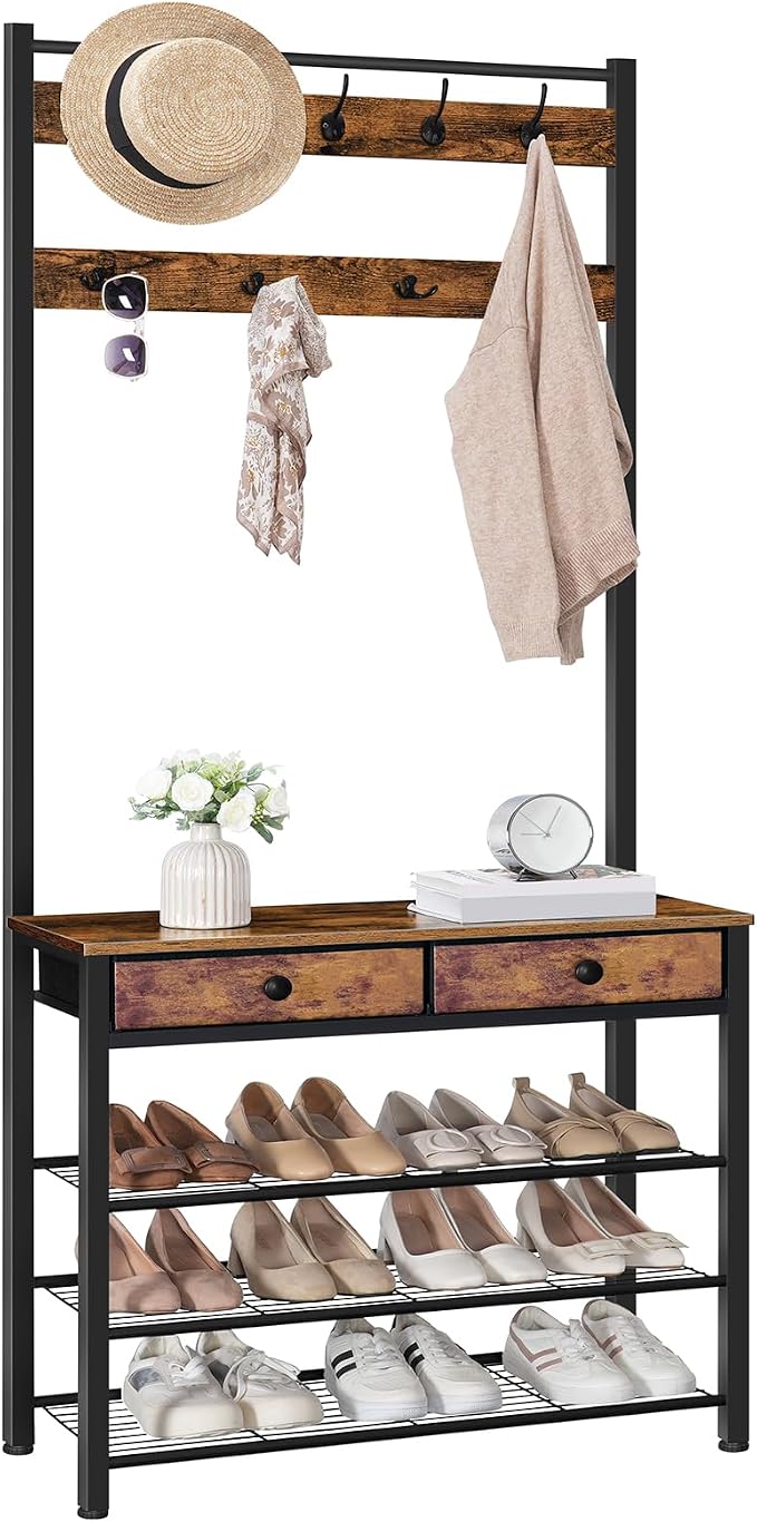 HOOBRO Hall Tree, Entryway Coat and Shoe Rack, 2 Fabric Drawers, Hall Tree with Bench, Shoe and Coat Rack, Coat Rack with Shoe Storage, 4 Tier Shoe Organizer, 9 Hooks, Rustic Brown and Black BF81MT01 - Image 9
