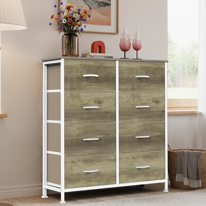 Sweetcrispy 8 Drawer Dresser for Bedroom Large Fabric Storage Tower Organizer Chest of Drawers with Metal Frame and Wooden Top for Nursery Closet Living Room Entryway, Oak Finish - Image 7