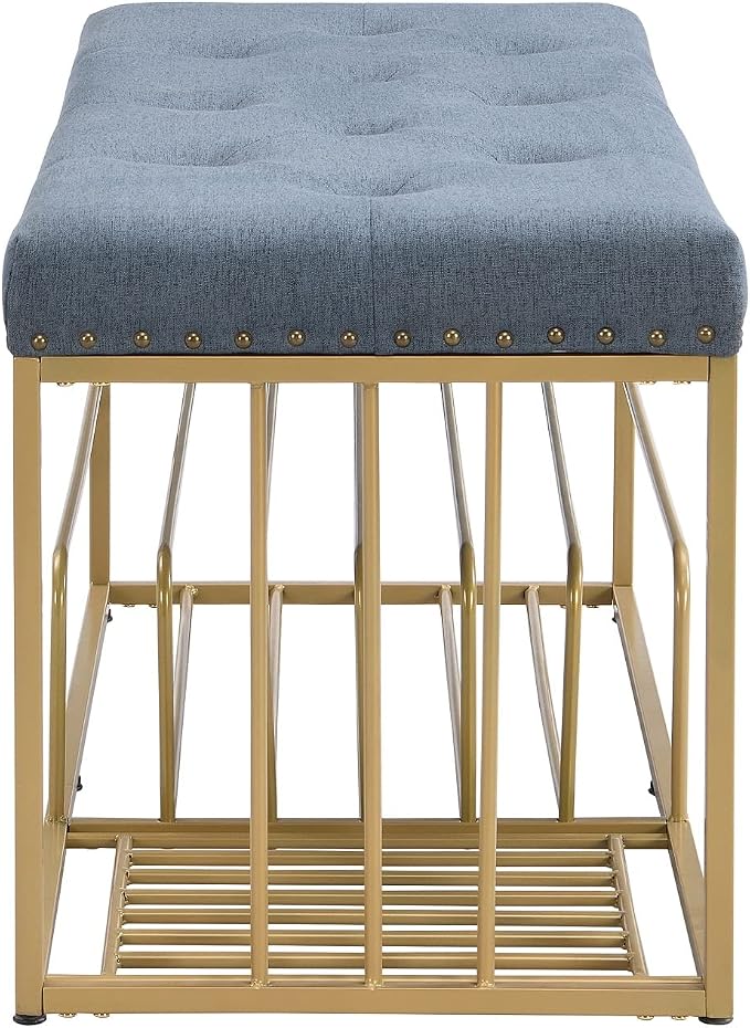 Upholstered Shoe Storage Bench-Nailhead Trim Linen Ottoman Bench with Shoes Rack for End of Bed Entryway Window Bedroom Living Mudroom Room,Blue - Image 8