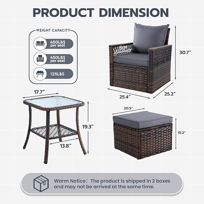 MELLCOM 5 Pieces Patio Furniture Set, Outdoor Wicker Chairs with Ottomans and Side Table, All-Weather Patio Bistro Set with Water-Resistant Cushions and High Back for Garden, Backyard