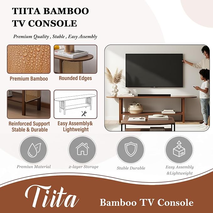 Tiita TV Stand with Storage for TVs up to 65'', Bamboo TV Console Entertainment Center with 2 Open Shelf, Mid Century Modern Media Console for Living Room, Bedroom, Walnut - Image 9