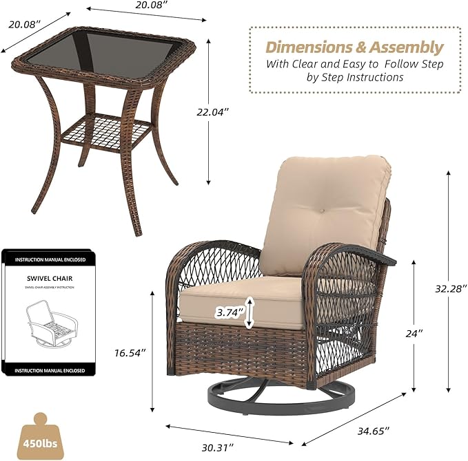 EROMMY 3 Pieces Patio Furniture Set, Outdoor Swivel Rocker Patio Chairs, Wicker Patio Bistro Set with Rocking Chair, Thickened Cushions and Glass Coffee Table for Backyard, Garden, Khaki