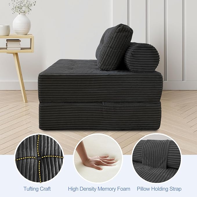 ANONER Folding Sofa Bed, Sectional Couches with Deep Seat and Pillow, Futon Floor Couch, Versatile Convertible Sleeper Chair, Boneless Chaise Lounge, Fold Out Chair Bed for Living Room, Dark Grey