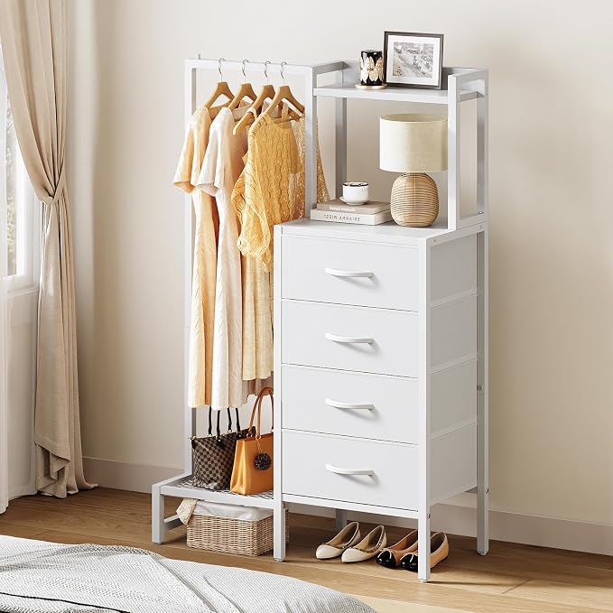Yoobure White Dresser with Hanging Rack - Small Dresser for Bedroom with 4 Drawers, 44'H Chest of Drawers, Reversible Kids Dressers with Storage Shelf, Closet Dressers with Clothes Rack, Sturdy Frame - Image 9
