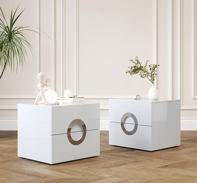 Modern Nightstand with 2 Drawers,Grey Night Stands with Circular Handle Design,Wood Bed Side Tables Bedroom,High-Gloss Side End Table for Bedroom, Living Room, and Small Spaces,Easy Assembly - Image 8