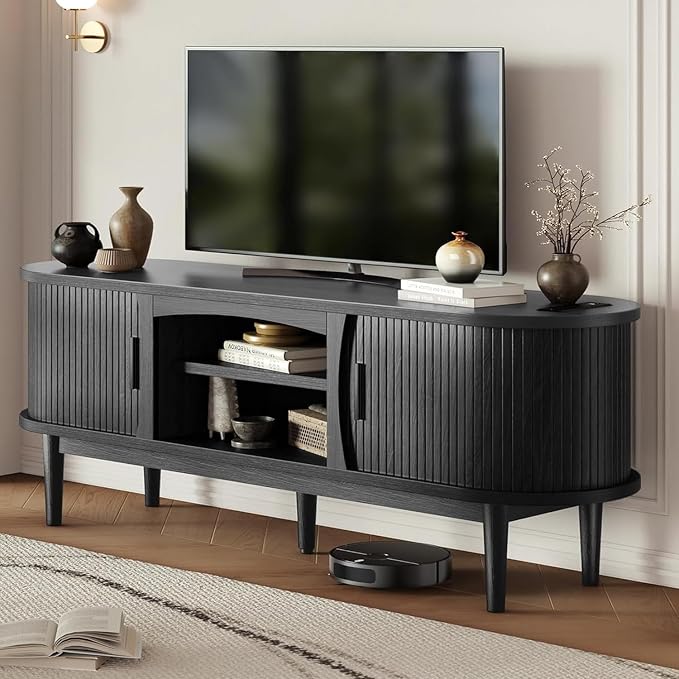 Decofy Mid Century TV Stand for TVs up to 65 Inches, Entertainment Center with Storage, Power Outlet, Fluted Sliding Doors & Adjustable Shelves, Modern Media TV Console Table for Living Room (Black) - Image 7