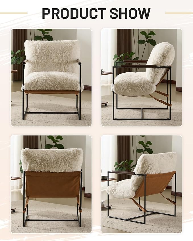 Karl home Modern Accent Chair Plush Fleece Upholstered Living Room Chair with Metal Frame Wooden Armrest Comfy Lounge Armchair for Living Room, Bedroom, Balcony, Reading Room, Creamy