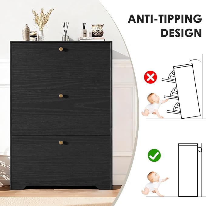 Nicetree Shoe Cabinet with 3 Flip Drawers, Narrow Shoe Organizer Cabinet, Freestanding Shoe Rack Cabinet, Morden Shoe Storage Cabinet for Entryway, Hallway, Foryer, Black with Hook - Image 8