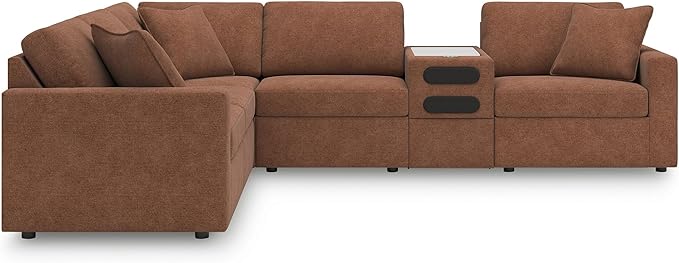 Signature Design by Ashley Modmax Contemporary Stain Resistant Left-Arm Facing 6-Piece Sectional with Audio Console, Armrest, Throw Pillows, Reversible Cushions and USB Port, Orange