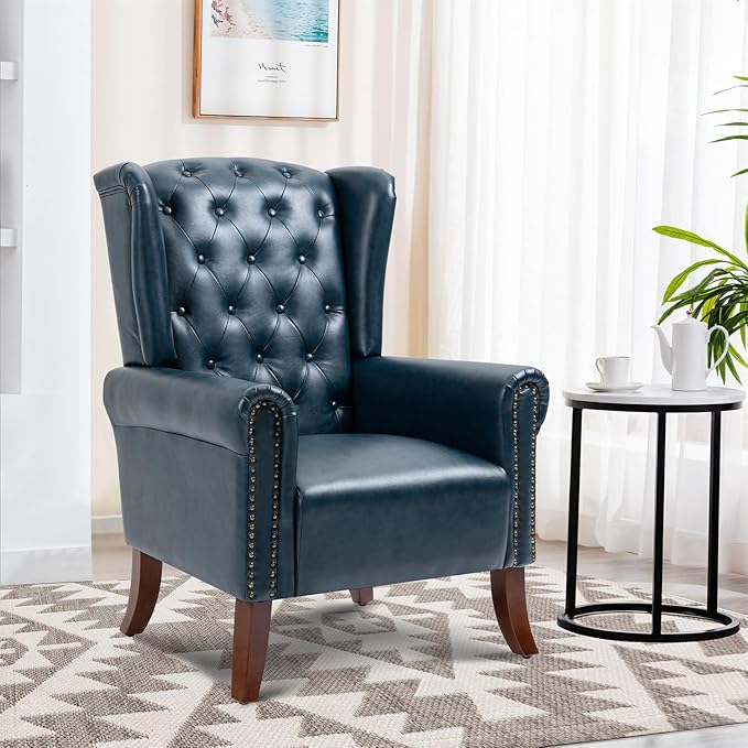 PU Leather Accent Chair Set of 2, Modern Upholstered Living Room Chair Sofa Chair with Wooden Legs, Wingback Armchair Club Chair for Bedroom,Study Room, Lounge (Dark Blue)