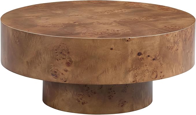 Round Coffee Table for Living Room,31.49" Modern Circle Drum Center Table with Burl Wood Veneer & Sturdy Pedestal,Small Wooden Circular Coffee Table for Apartment,Easy Assembly (Walnut)