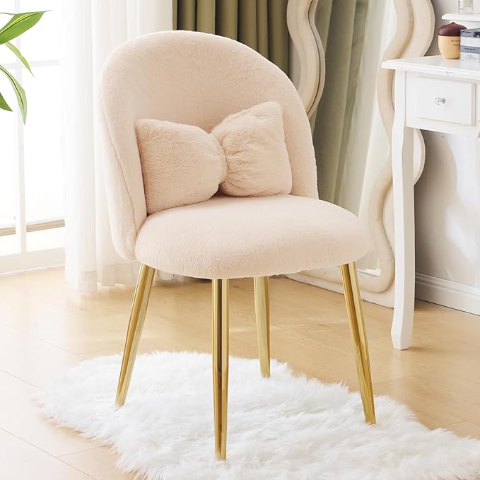 VINGLI Boucle Girls Vanity Chair with Back & Pillow,Cute Small Cozy Desk Chair No Wheels,Comfy Makeup Ch with Ajustable Gold Legs,for Bedroom,Living Room,Small Space,Khaki
