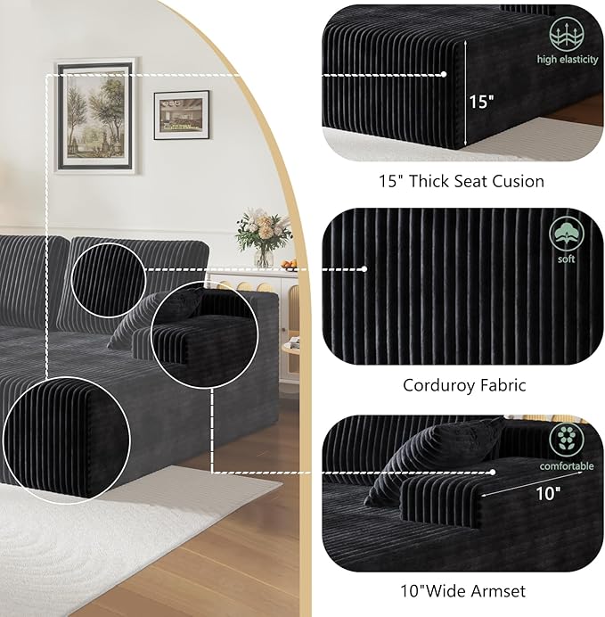106" Boneless Couches for Living Room, Modular Sectional Sofa, L-Shape Sofa Couches,Cloud Couch Sectional, Comfy Corduroy Sofa, with Deep Seat, No Assembly Required (Black, Loveseat Chaise)